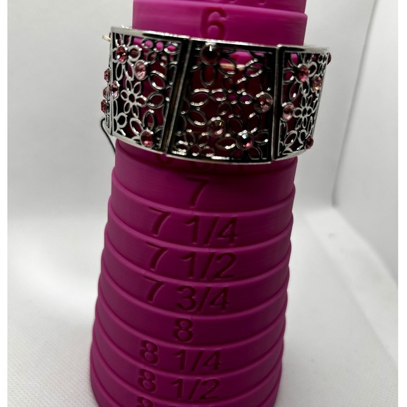 Pink Rhinestone and Silver Tone Heart Bangle Bracelet Jewelry Set - Picture 4 of 5